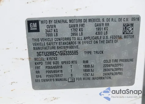 2016 GMC Sierra 1500 Sle from USA, damaged, VIN 3GTU2MEC1GG335585